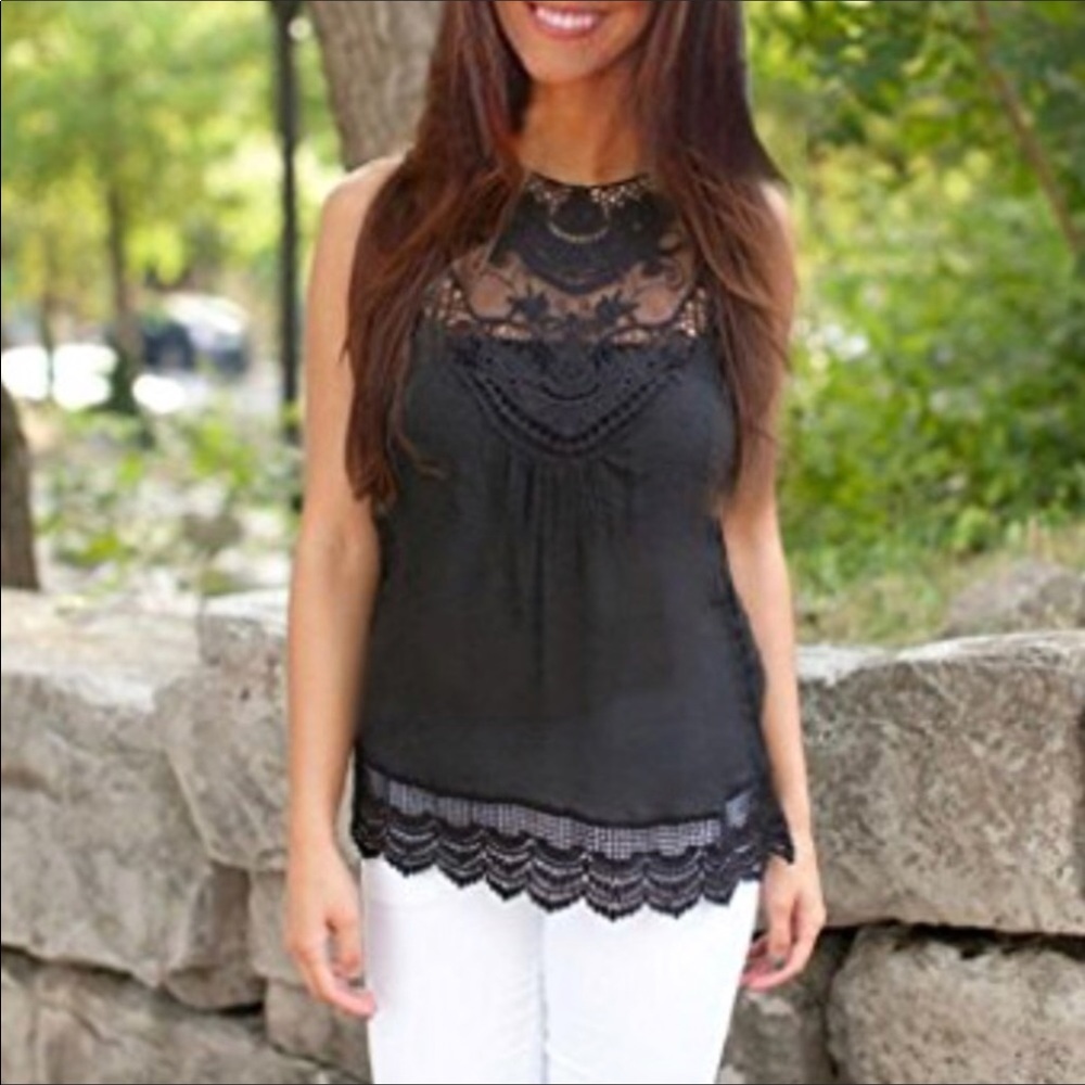Cotton and Lace Black Sleeveless Top